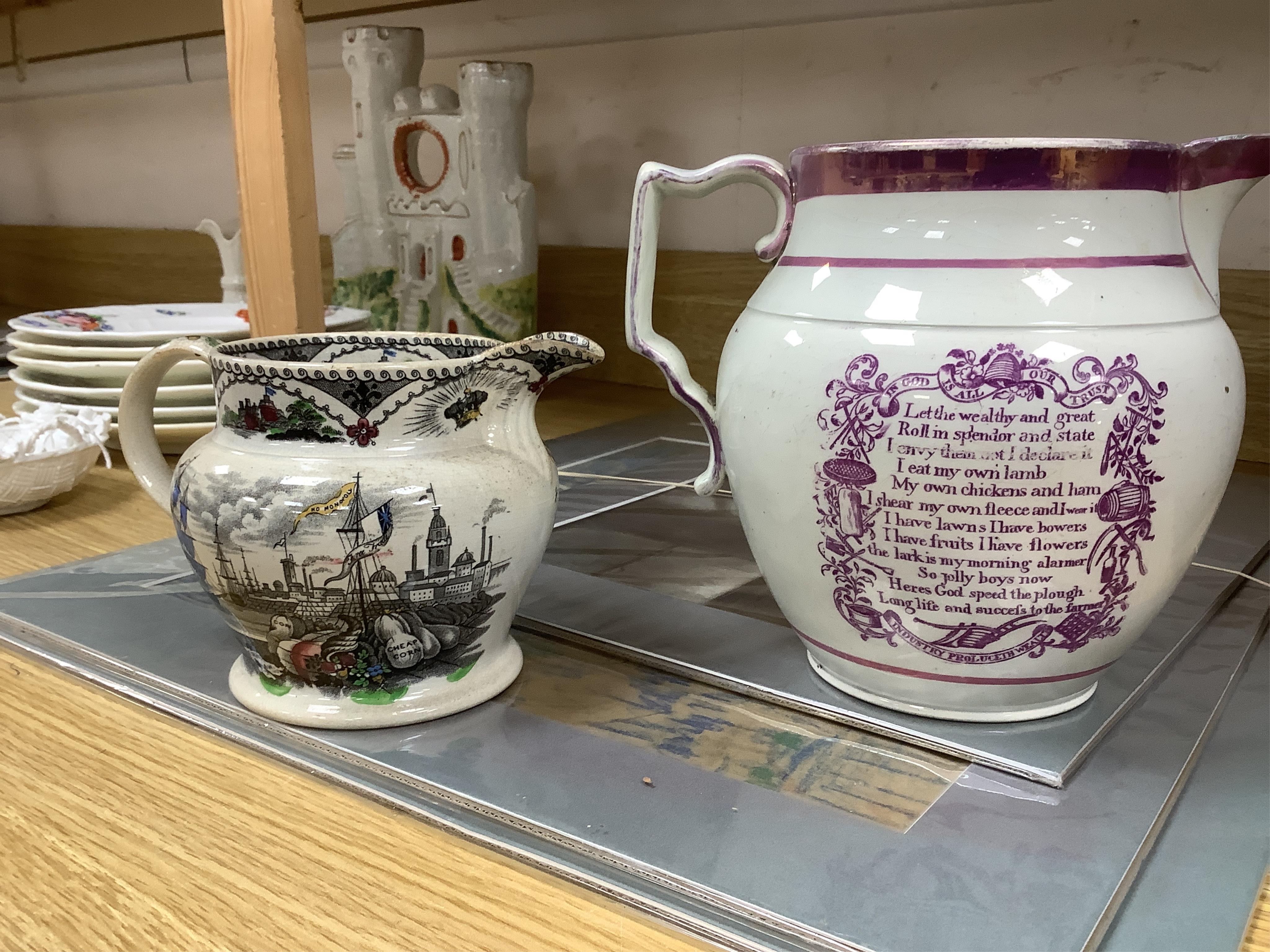 Eleven early to mid 19th century jugs, mugs and plates, all with transfer printed commemorative themes including Gladstone as Prime Minister, Queen Victoria‘s 1887 Jubilee, the Bidston Lighthouse Signals, Lord John Russe